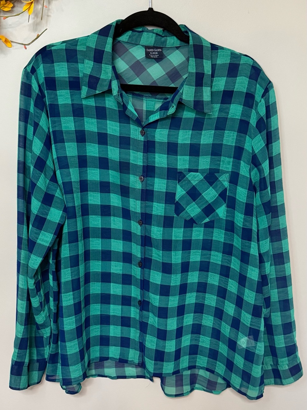 🍂 3/$20 NWOT Faded Glory Sheer Teal & Navy Plaid Button-Up Shirt Size XL
